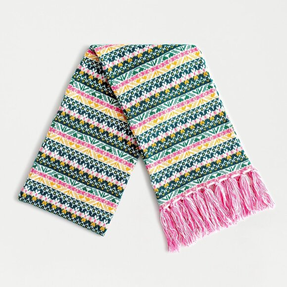 J.Crew AF063 Pink Green Fair Isle Wool-blend Nordic geometric scarf - Picture 2 of 16